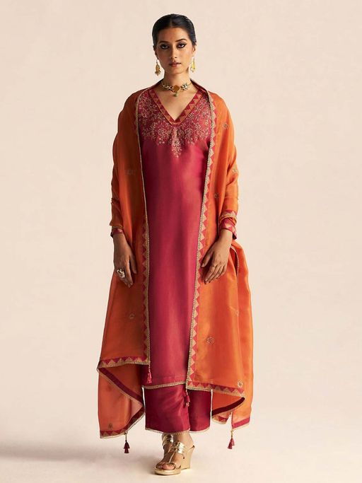 Ganga Fashions Pink Tissue Embroidered Kurta with Pant and Dupatta
