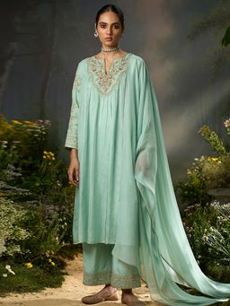 Ganga Fashions - Aqua Silk Embroidered Anarkali Kurta with Pant and Dupatta