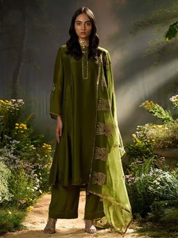 Ganga Fashions - Green Silk Embroidered Anarkali Kurta with Pant and Dupatta