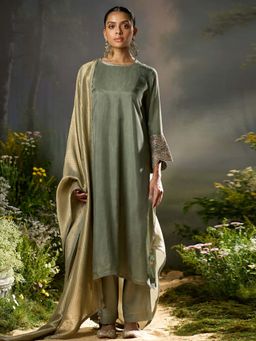 Ganga Fashions - Green Silk Embroidered Kurta with Pant and Dupatta