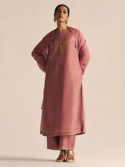 Ganga Fashions - Pink Tissue Embroidered Kurta with Pant and Dupatta