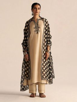 Ganga Fashions - Cream Silk Embroidered Anarkali Kurta with Pant and Dupatta