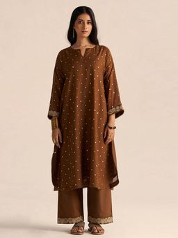 Ganga Fashions - Brown Chanderi Embroidered Kurta with Pant