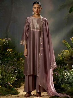 Ganga Fashions - Mauve Silk Embroidered Anarkali Kurta with Pant and Dupatta