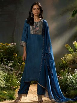 Ganga Fashions - Blue Silk Embroidered Kurta with Pant and Dupatta