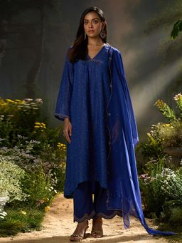 Ganga Fashions - Blue Silk Printed Anarkali Kurta with Pant and Dupatta