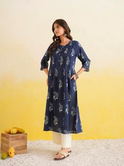 GOODHAND - Cotton Indigo Printed Anarkali Kurta with Pant