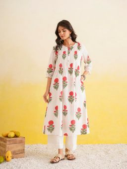 GOODHAND - Cotton Printed White Anarkali Kurta with Pant