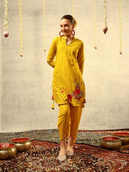ISHIN - Yellow Bohemian Thread Embroidered Kurta with Dhoti Pant