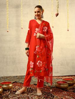 ISHIN - Red Floral Hand Painted Kurta with Pant and Dupatta