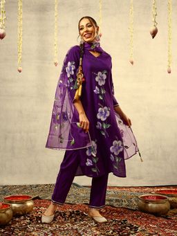 ISHIN - Purple Floral Hand Painted Kurta with Pant and Dupatta