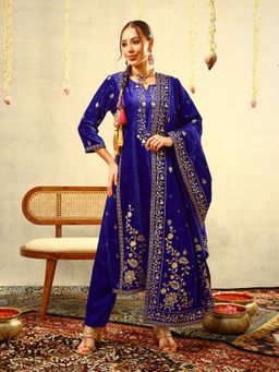 ISHIN - Royal Blue Gold Print Festive Kurta with Pant and Dupatta
