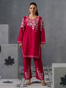 Kashmir Box - Pink Kashmiri Aari Embroidered Cashmilon Woollen Winter Kurta with Pant