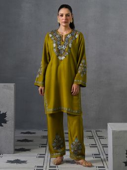 Kashmir Box - Green Kashmiri Aari Embroidered Cashmilon Woollen Winter Kurta with Pant