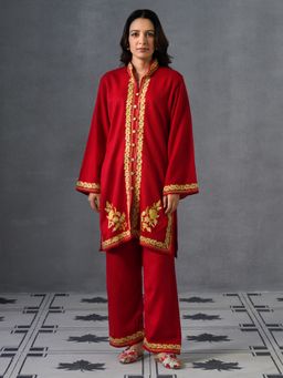 Kashmir Box - Red Kashmiri Aari Embroidered Cashmilon Woollen Winter Kurta with Pant