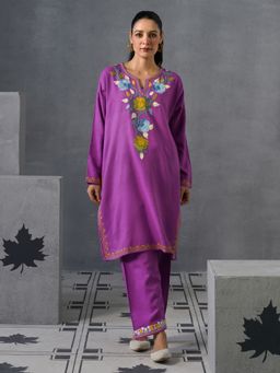 Kashmir Box - Purple Kashmiri Aari Embroidered Cashmilon Woollen Winter Kurta with Pant