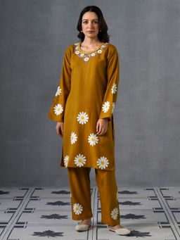 Kashmir Box - Yellow Kashmiri Aari Embroidered Cashmilon Woollen Winter Kurta with Pant