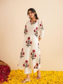 GOODHAND - Cotton Printed White Katha Style Kurta with Pant