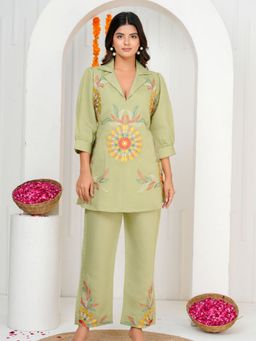 KAFTANIZE - Green Silk Blend Embroidered Floral Co-Ord Set