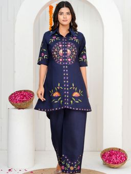 KAFTANIZE - Navy Blue Silk Blend Embroidered Floral Co-Ord Set