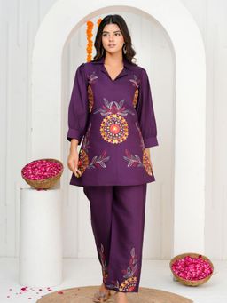 KAFTANIZE - Purple Silk Blend Embroidered Floral Co-Ord Set
