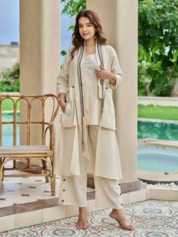 KAFTANIZE - Off White Cotton Blend Solid Top with Jacket and Pant
