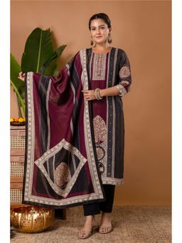 Kohsh - Burgundy Silk Printed Kurta with Pant and Dupatta