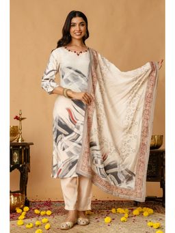 Kohsh - Off White Viscose Printed Kurta with Pant and Dupatta