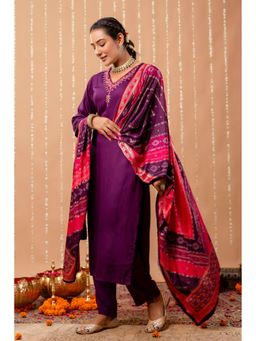 Kohsh - Purple Silk Embroidered Kurta with Pant and Dupatta