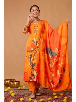 Kohsh - Orange Viscose Floral Kurta with Pant and Dupatta