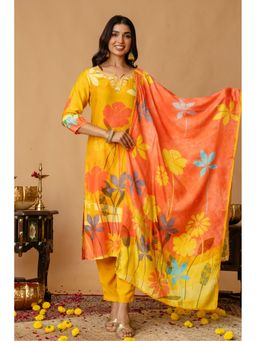 Kohsh - Yellow Viscose Floral Kurta with Pant and Dupatta