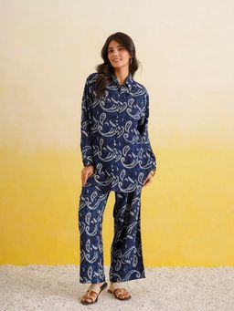 GOODHAND - Cotton Printed Top and Pant Indigo Co-Ord Set