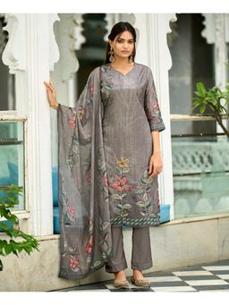 MOJILAA - Grey Organza Floral Kurta with Pant and Dupatta