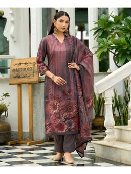 MOJILAA - Purple Organza Floral Kurta with Pant and Dupatta