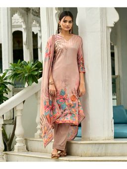 MOJILAA - Pink Organza Floral Kurta with Pant and Dupatta