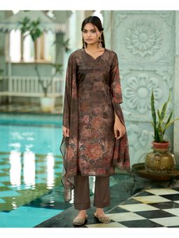 MOJILAA - Brown Organza Floral Kurta with Pant and Dupatta
