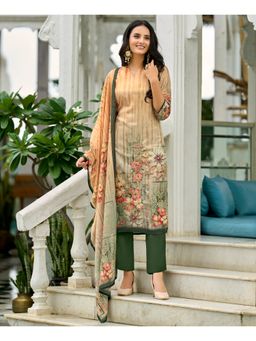 MOJILAA - Beige Organza Floral Kurta with Pant and Dupatta