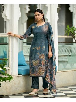 MOJILAA - Teal Organza Floral Kurta with Pant and Dupatta