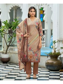 MOJILAA - Beige Organza Floral Kurta with Pant and Dupatta