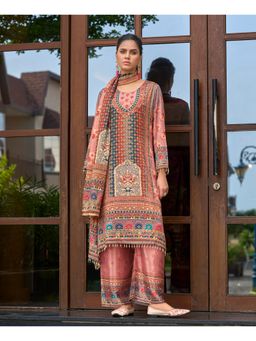 MOJILAA - Pink Chinon Chiffon Floral A-Line Kurta with Palazzo and Dupatta