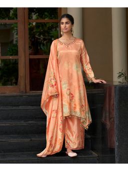 MOJILAA - Peach Chinon Chiffon Floral A-Line Kurta with Palazzo and Dupatta