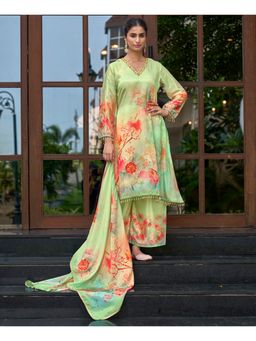 MOJILAA - Green Chinon Chiffon Floral A-Line Kurta with Palazzo and Dupatta