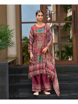 MOJILAA - Maroon Chinon Chiffon Floral A-Line Kurta with Palazzo and Dupatta