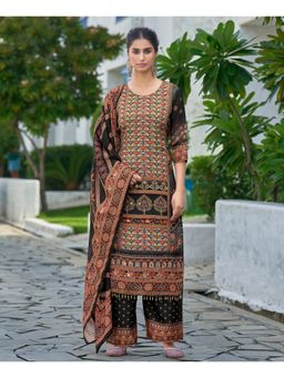 MOJILAA - Black Chinon Printed Kurta with Palazzo and Dupatta