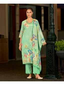 MOJILAA - Green Chinon Printed Kurta with Pant and Dupatta