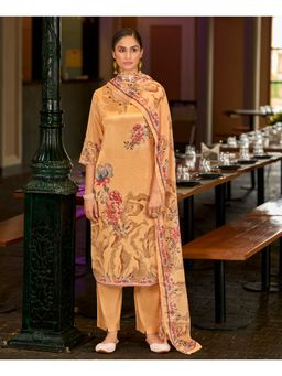 MOJILAA - Orange Chinon Floral Kurta with Pant and Dupatta
