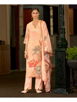 MOJILAA - Peach Chinon Floral Kurta with Pant and Dupatta