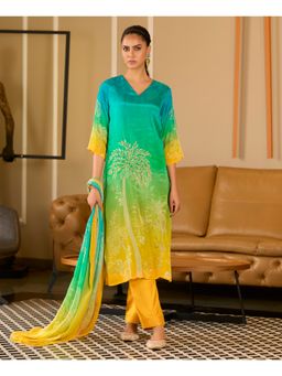 MOJILAA - Sea Green Chinon Chiffon Floral Straight Kurta with Pant and Dupatta