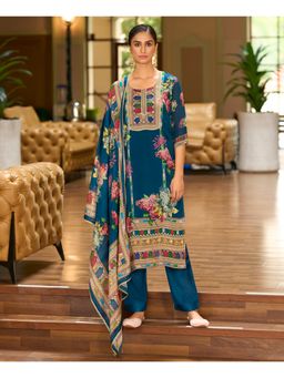 MOJILAA - Teal Blue Chinon Chiffon Floral Straight Kurta with Pant and Dupatta