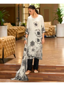 MOJILAA - White Chinon Chiffon Floral Straight Kurta with Pant and Dupatta